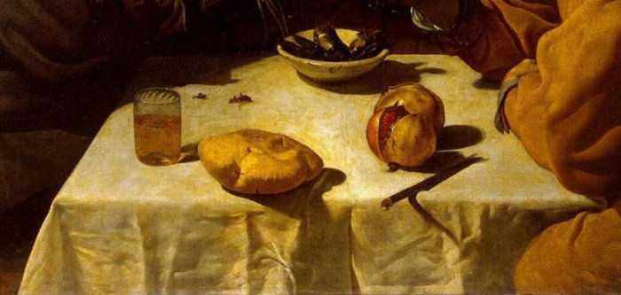 Наверху — фрагмент картины «Завтрак» (1617) кисти Диего Веласкеса. Внизу — фрагмент полотна Дали «Живой натюрморт» (1956).