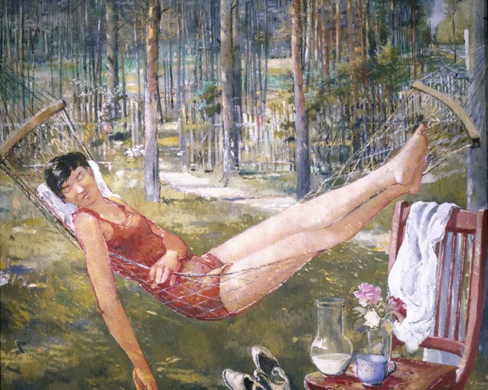 Ю. И. Пименов. Женщина в гамаке. 1934. Холст, масло. 130 x 162