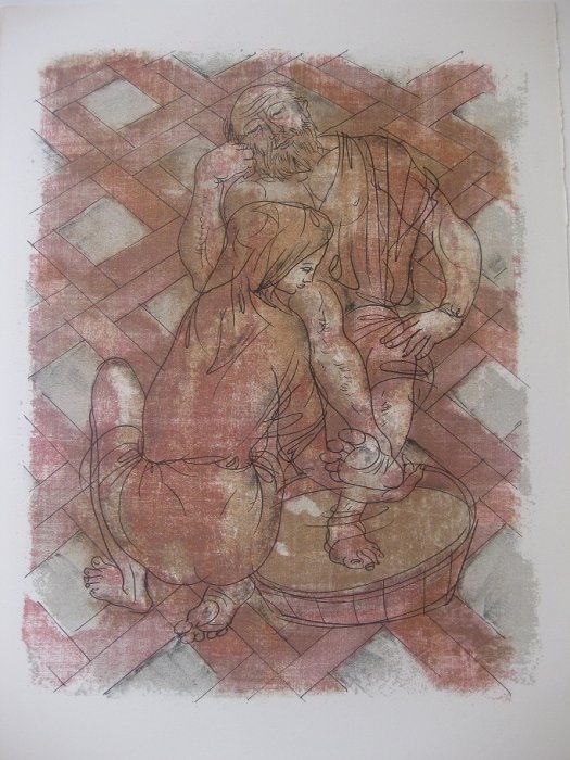 Ханс Эрни Иллюстрация к «Одиссее» Гомера, Евриклия омывает ноги Одиссею Литография, 39,5х28 см, 1957-1958