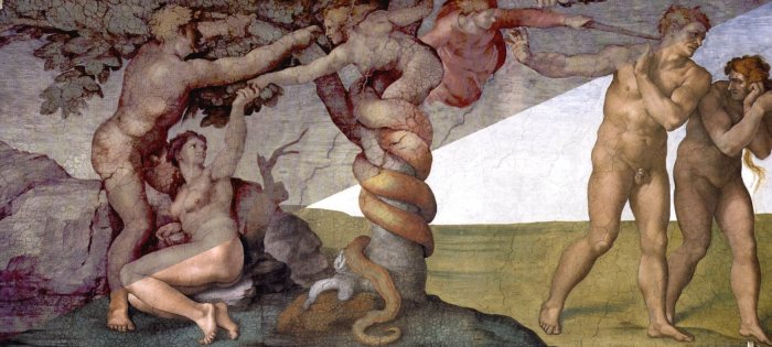 Составное изображение «Грехопадения и изгнания Адама и Евы» Микеланджело. Слева вверху — до реставрации, справа внизу — после.