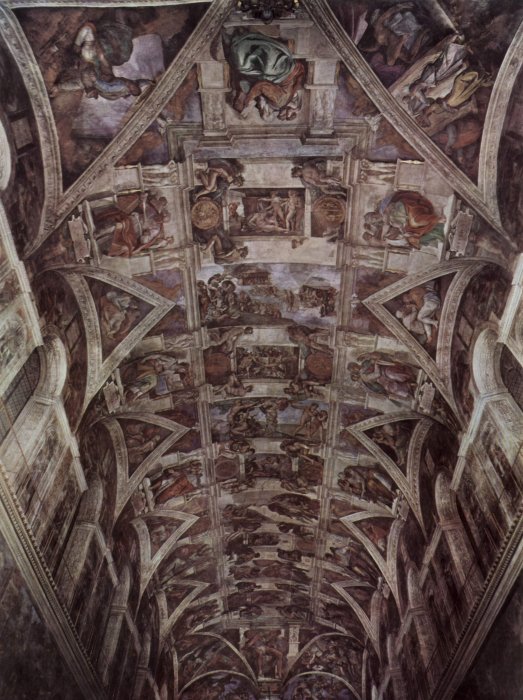 Сикстинская капелла (до реставрации). Микеланджело развертывает на клеймах потолка величественную историю создания человека — от сотворения мира до потопа.