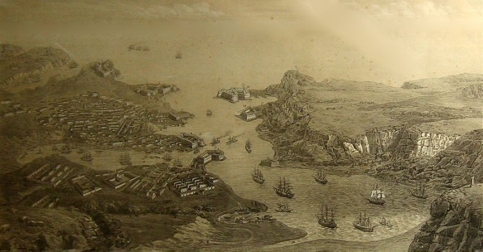 Литография перспектива города гавани и укреплений Севастополя