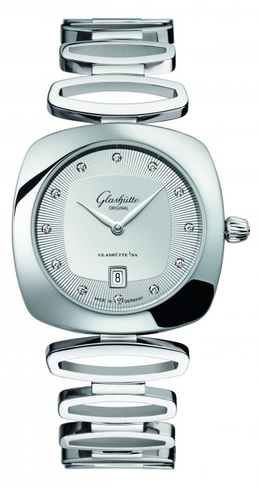 Часы Glashutte Original Pavonina. Сталь, бриллиантовые метки часов, мануфактурный кварцевый механизм.