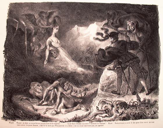 Литографии к «Фаусту» Гёте работы Эжена Делакруа. Тень Маргариты, явившаяся Фаусту.